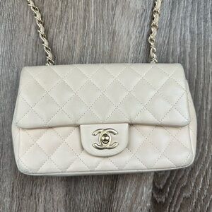 Chanel Rectangular Classic Mini Flap Bag Beige Lambskin Leather Gold Hardware